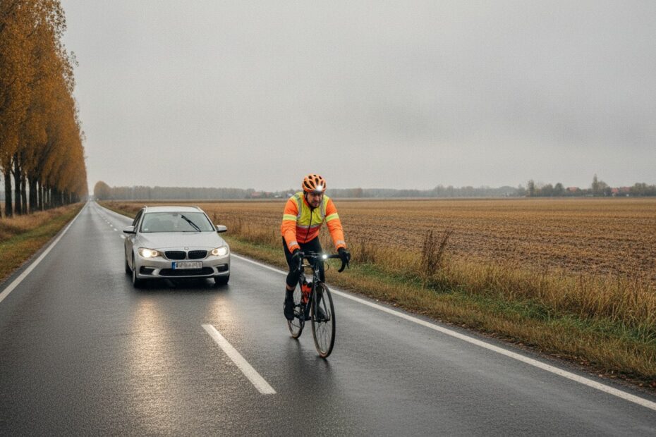 Samochód wyprzedza rowerzystę z dużym odstępem na wiejskiej drodze na Mazowszu jesienią